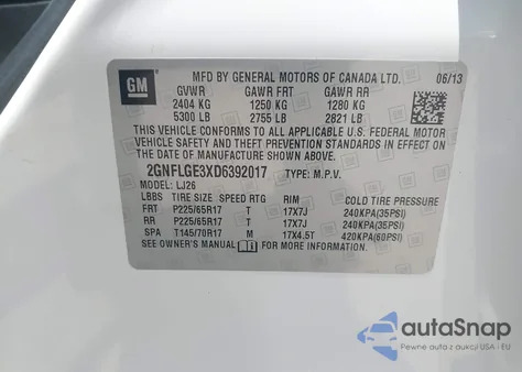 2013 Chevrolet Equinox Ltz from USA, damaged, VIN 2GNFLGE3XD6392017